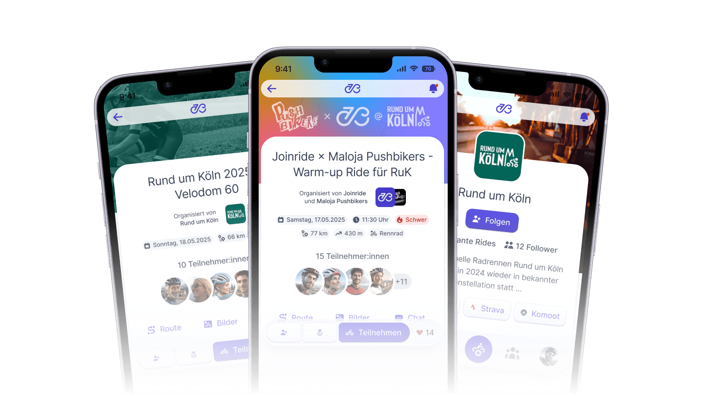 Darstellung der Funktionen von Joinride als exemplarische iPhones auf abstraktem Hintergrund