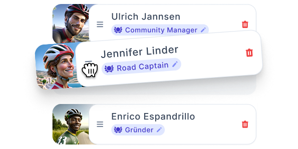 Team-Darstellung mit Road Captains und individuellen Titeln