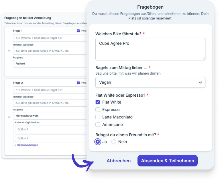 Vorschau des Fragebogens bei der Anmeldung