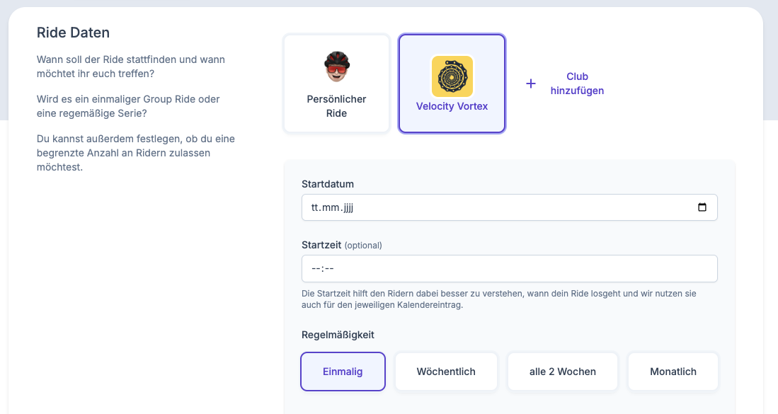 Club-Auswahl im Ride-Formular