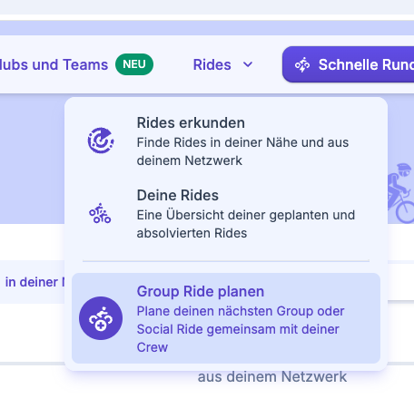 Rides-Menü mit Option zum Anlegen