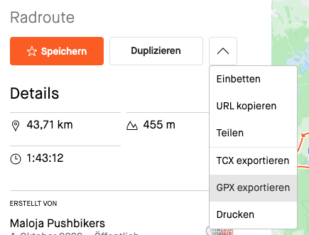 Strava GPX-Export Menü